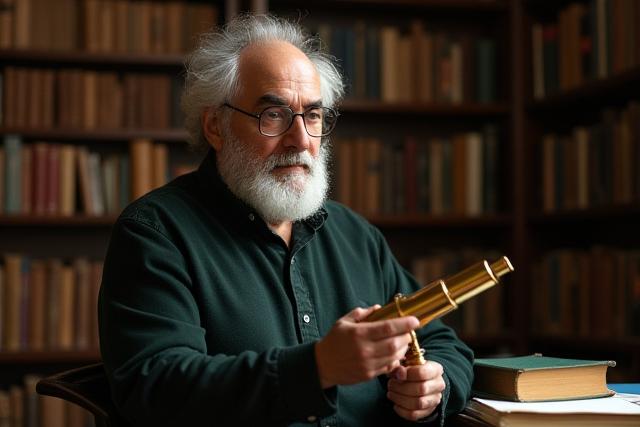 Fundador de Albor Pages en una biblioteca antigua con un instrumento óptico