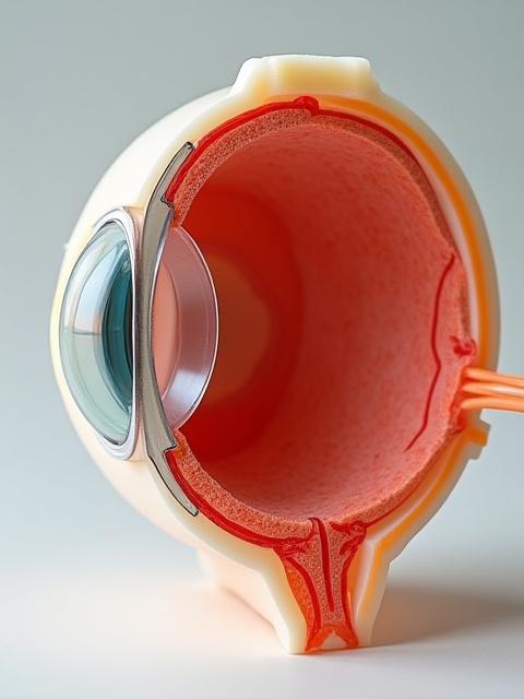 Maqueta de un ojo humano mostrando sus componentes ópticos y la formación de imágenes.